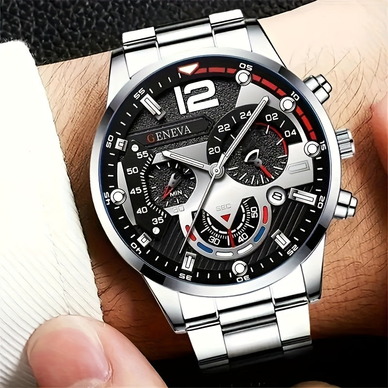 Luxury 8pcs Men'S Gift Set: Stainless Steel Quartz Watch with Calendar, Golden Arrow Necklace, Bracelet & Ring - Elegant Business Casual Accessories for Valentine's, New Year, Easter, Ramadan, Birthdays, Christmas, Halloween