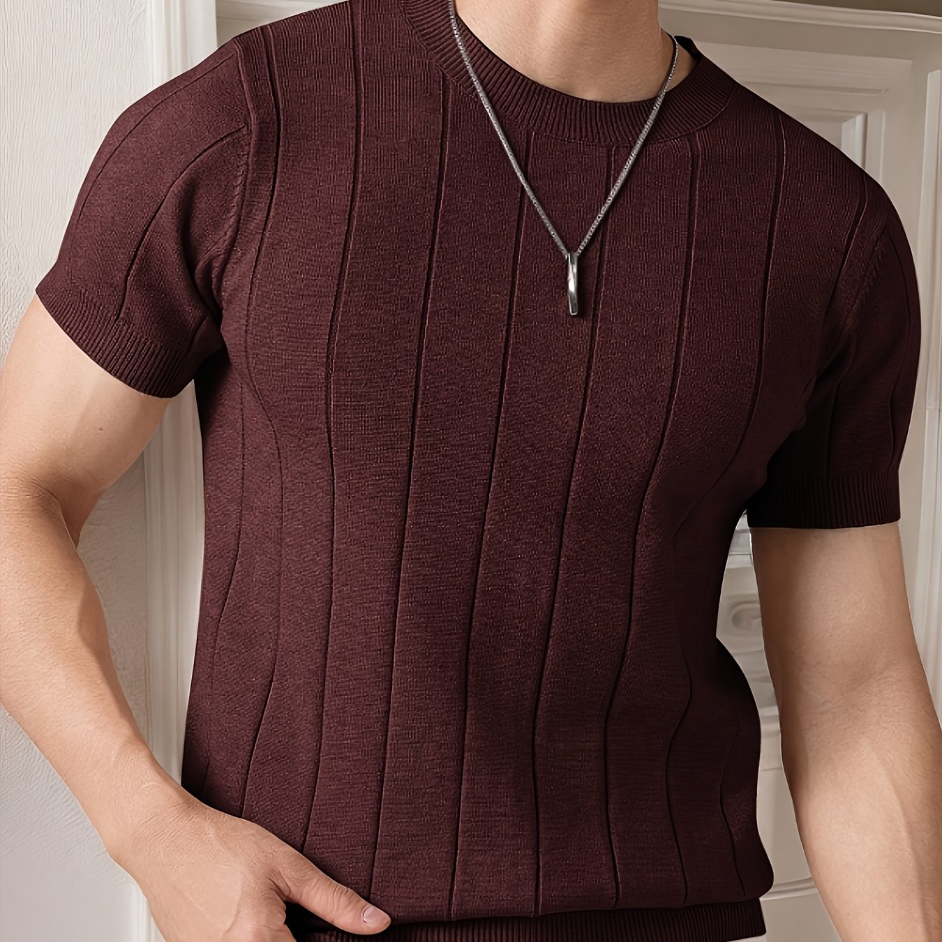 Men's Slim Fit Striped Textured Knit Crew Neck T-Shirt - High Elasticity Short Sleeve Casual Top for Spring/Autumn, Breathable Daily Leisurewear, Spring Fashion, Classic Style, Durable Construction, Pullover Shirt, Stylish Me