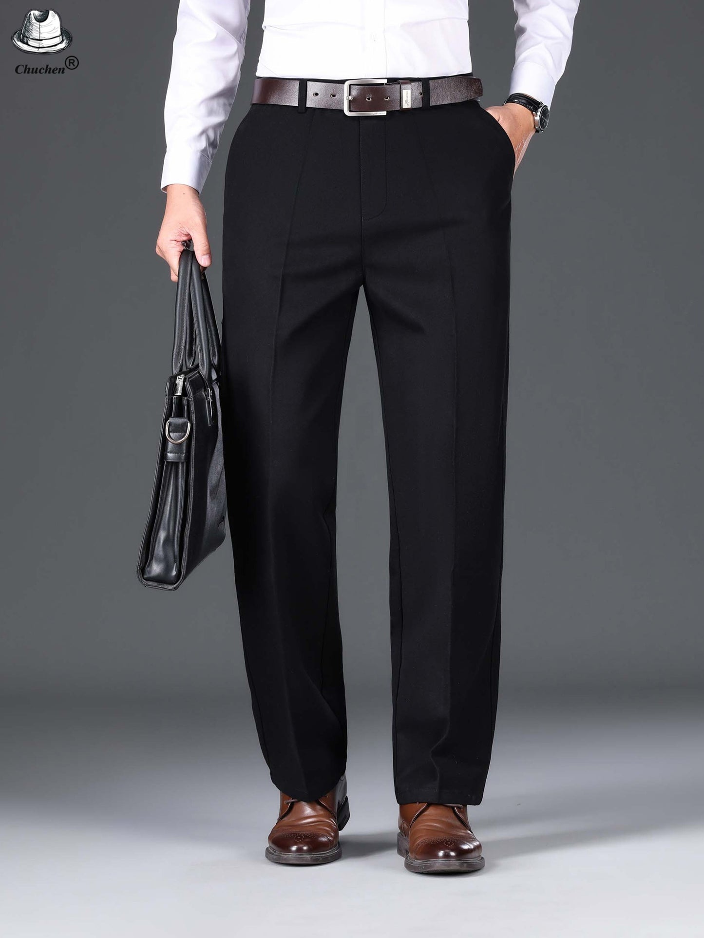 1pc Classic Fit Men'S Dress Pants - 100% Cotton, Solid Color, Non-Stretch, Regular Length, for Autumn/Winter - Business Casual Style