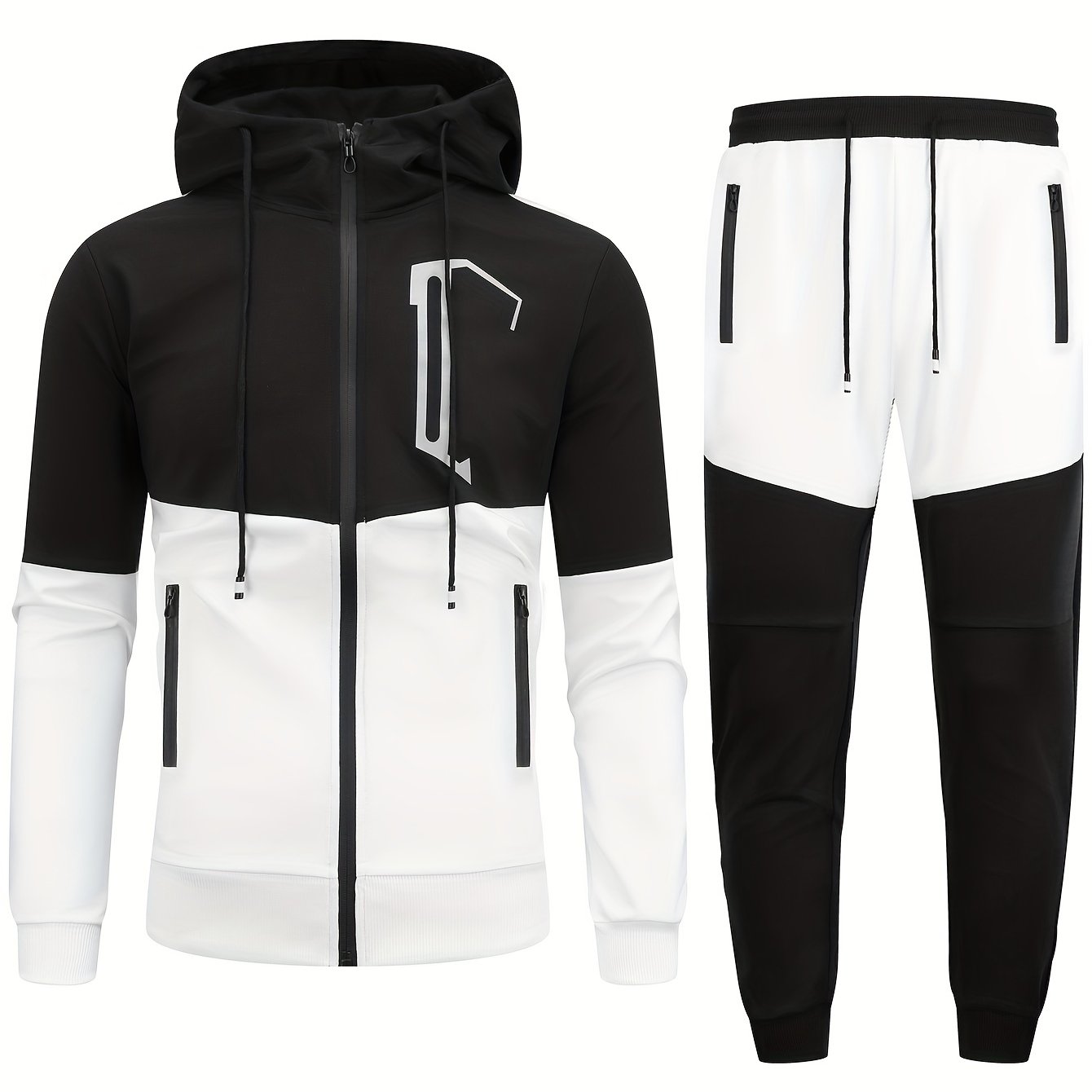 Men's Sports Casual Multi-pocket Workwear Suit Men's Spring and Autumn Hooded Patchwork Cardigan Sweatshirt Suit Men's Running Suit Fitness Suit Home Wear