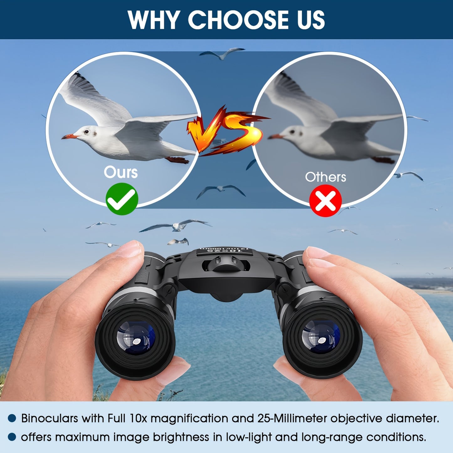 New - Outdoor Binoculars 10x25 13m/1000m, Professional Grade, 25mm Objective Lens, High Quality, Ideal for Camping, Hiking, Bird Watching, Concerts, and Sports Events, Hiking Gear | Sleek Binoculars | Durable Binoculars