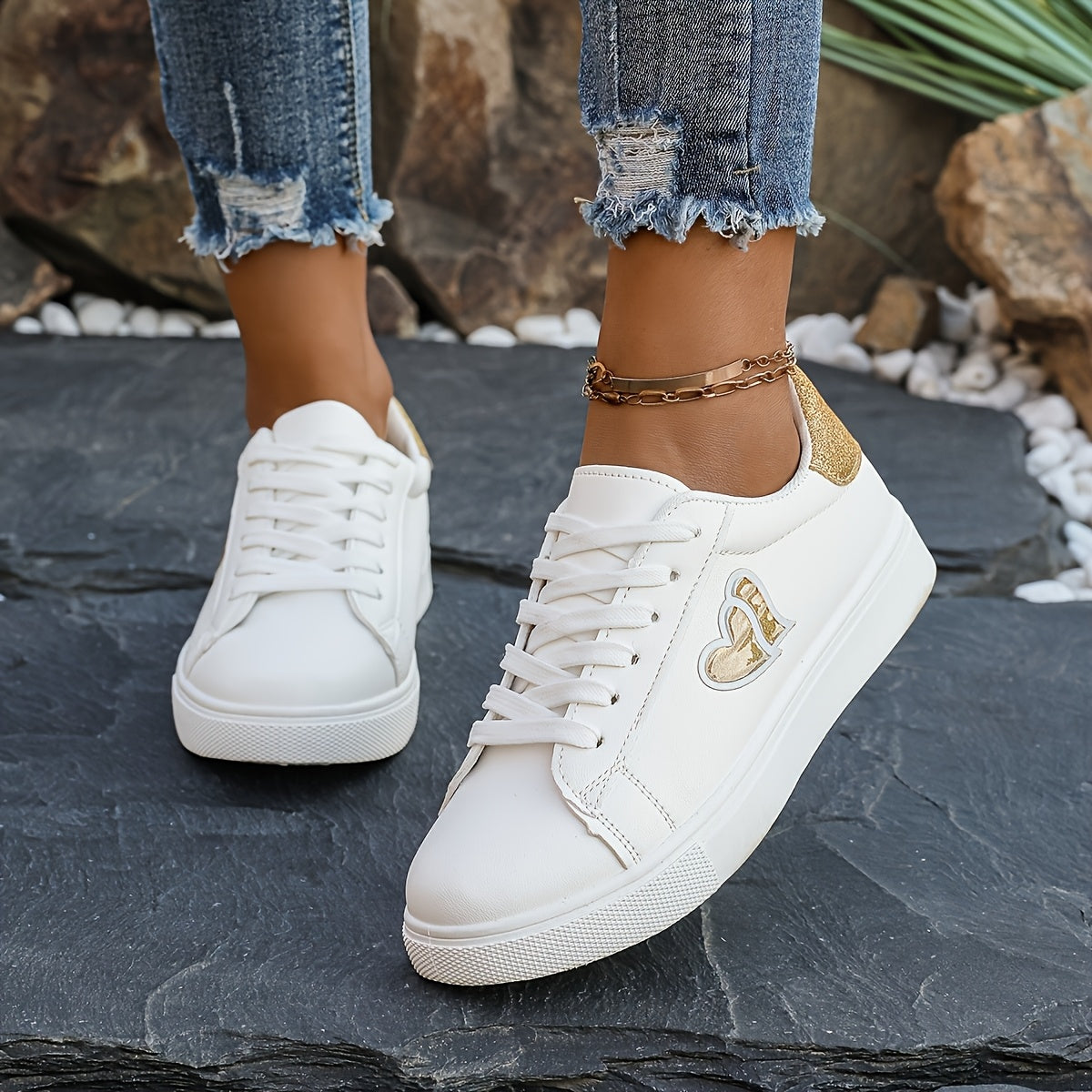 Women'S White Faux Cover Casual Sneakers - Low-Top Lace-Up Shoes with Heart Design, Rubber Sole, All-Season Comfort, Casual Footwear | Heart Detail Shoes | Synthetic Cover Sneaker