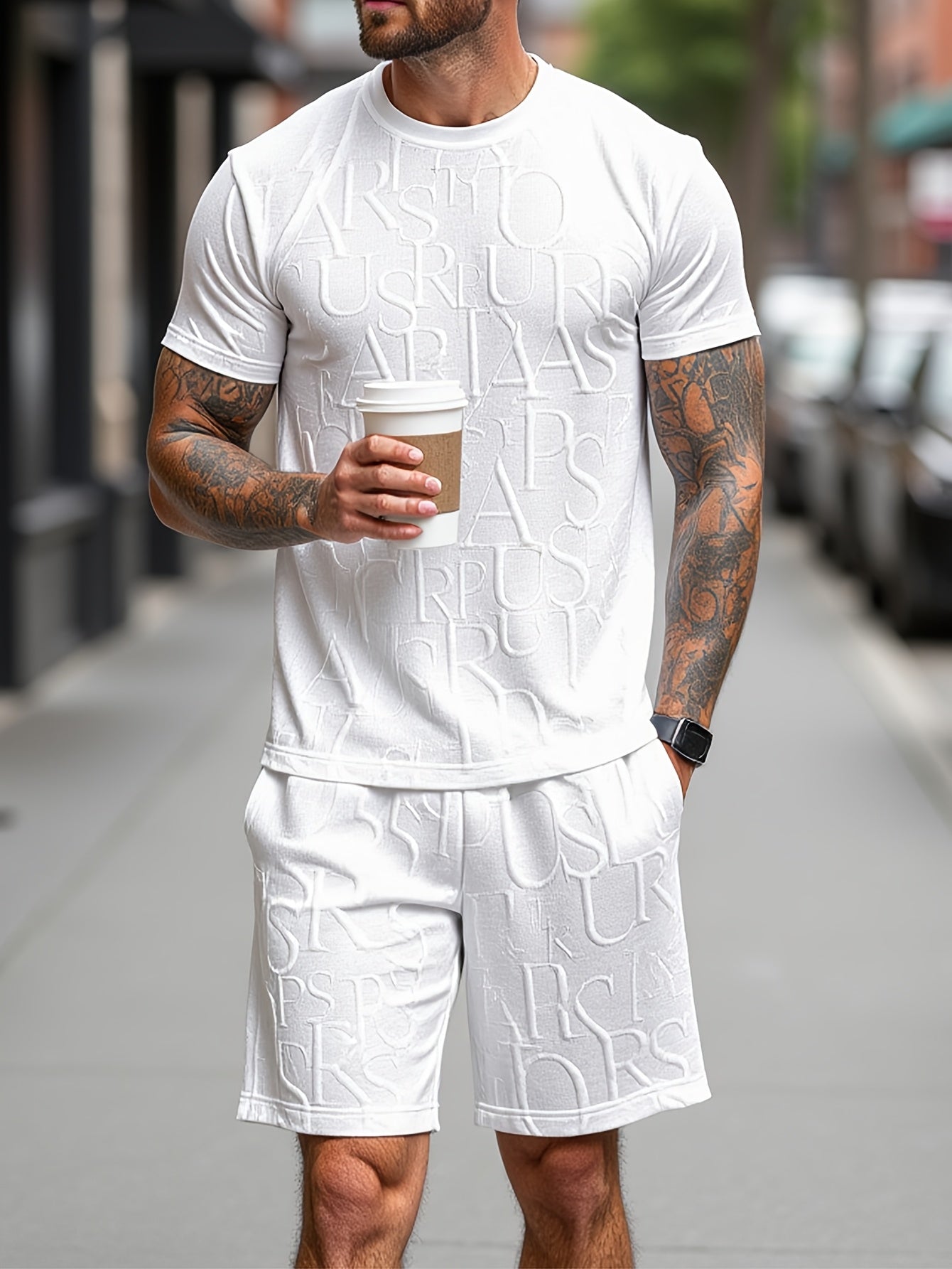 European and American Style Men's Fashion Set with Letter Pattern Round Neck Short Sleeve T-shirt + Shorts