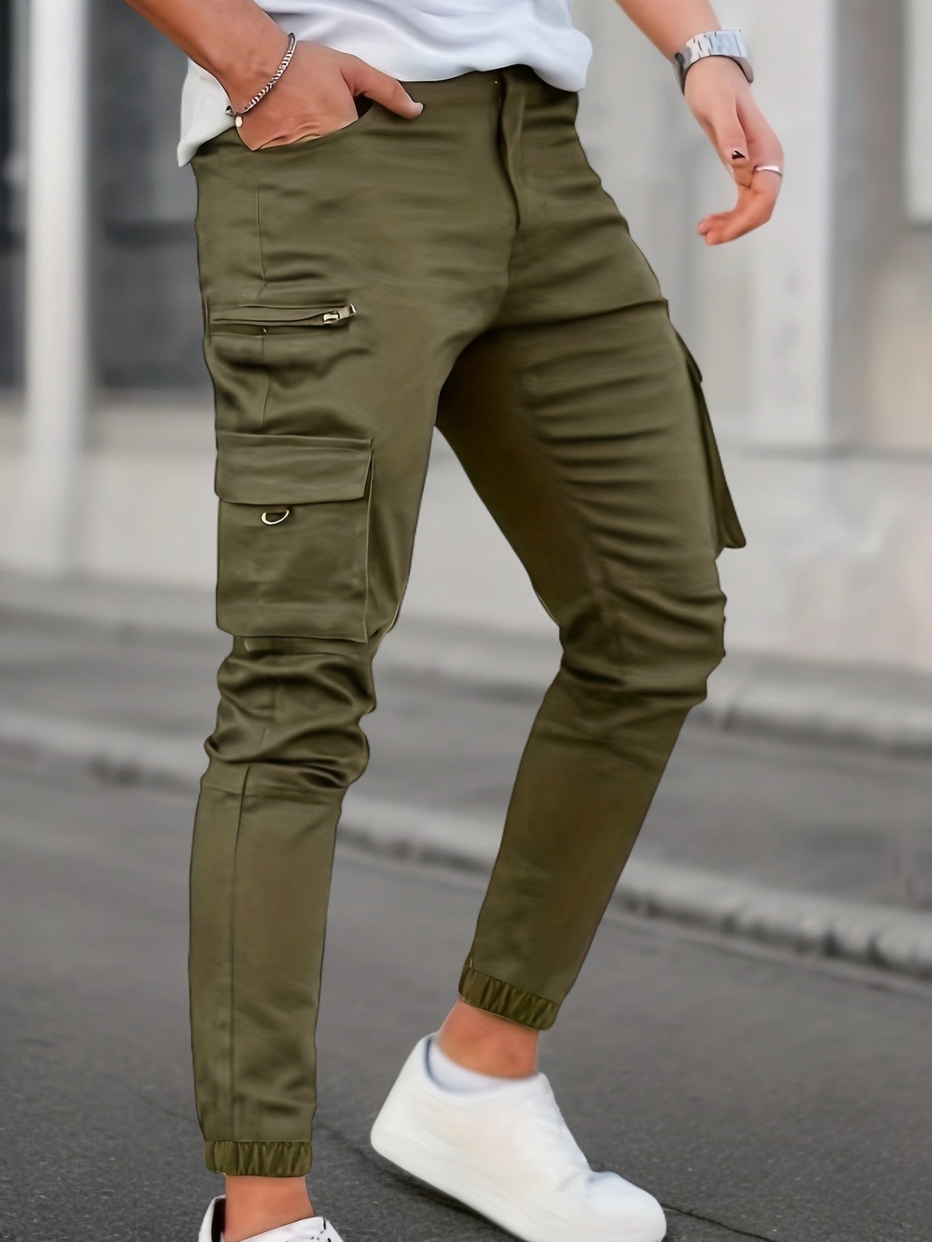 Men's Solid Color Multi-pocket Cargo Pants With Drawstrings, Casual Stylish Sports Trousers As Gift