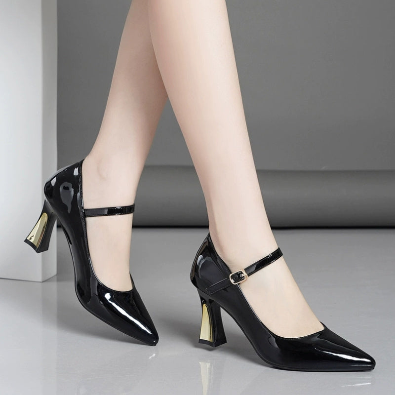 Women's Burgundy Synthetic Cover Mary Jane High Heels - Pointed Toe Chunky Block Heel with Adjustable Ankle Strap & Golden Buckle, Glossy Finish for Spring, Casual & Formal Events, Casual Chic Shoes | Pointed Toe Heels | Dura