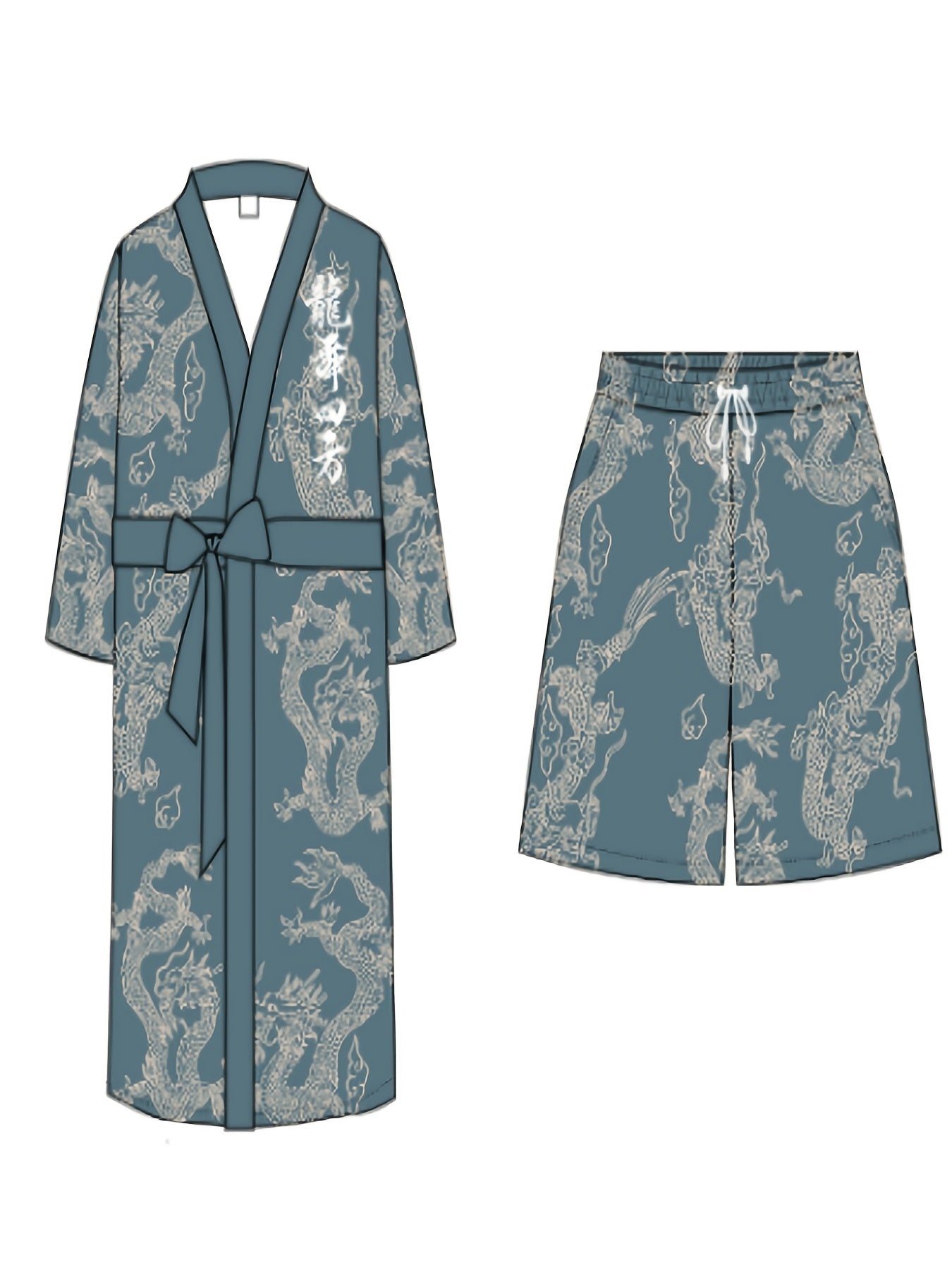 Men'S Dragon Dance Square Dragon Print Robe and Shorts Set - Casual V-Neck, Non-Stretch Polyester Home Wear with Belt Detail, Regular Fit