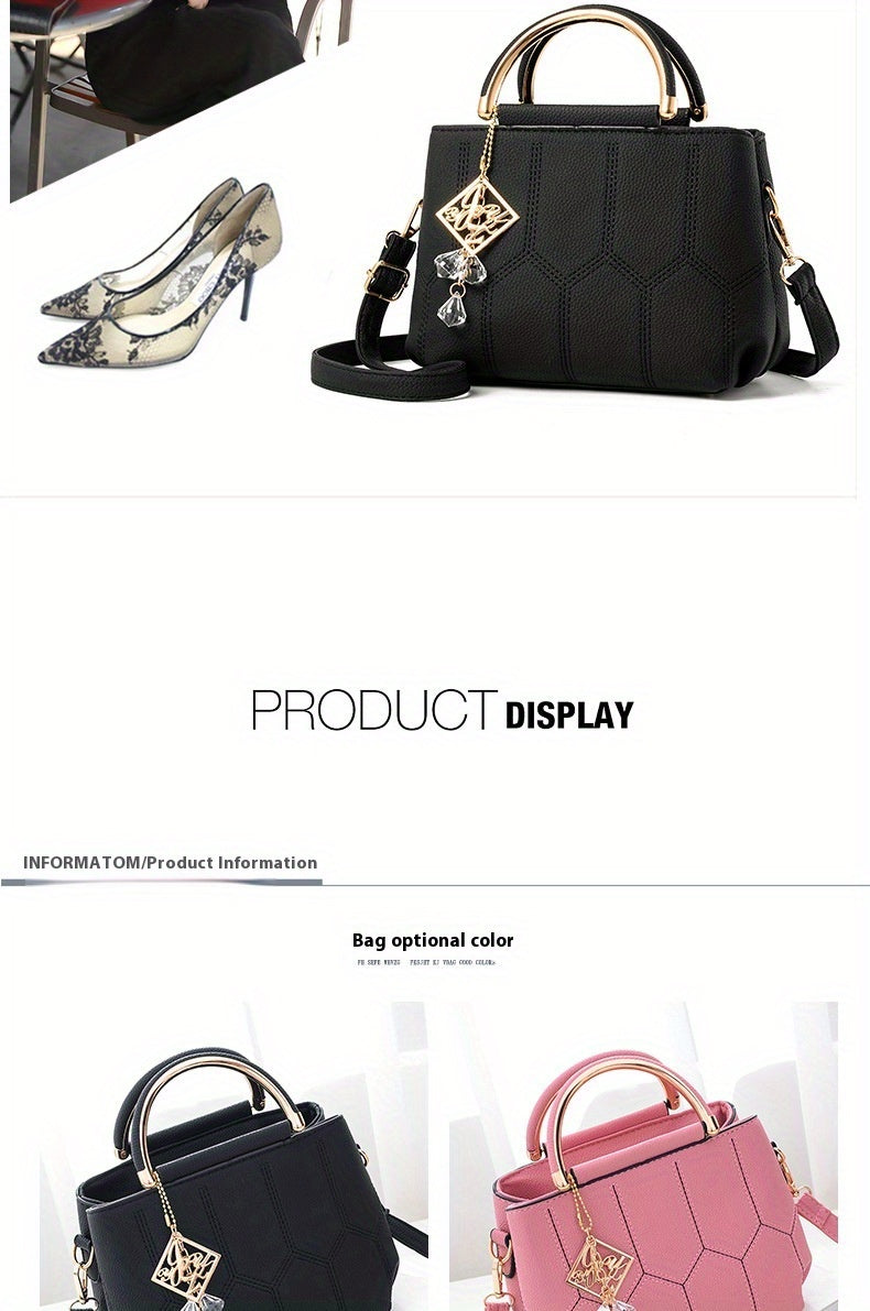 2025 New Women's Geometric Hexagon Pattern Crossbody Bag with Adjustable Strap & Golden-Tone Hardware - Zipper Closure, Polyester Lining, Multiple Colors (Khaki/Dark Gray/White/Pink/Red/Black) - Versatile for Casual & Formal
