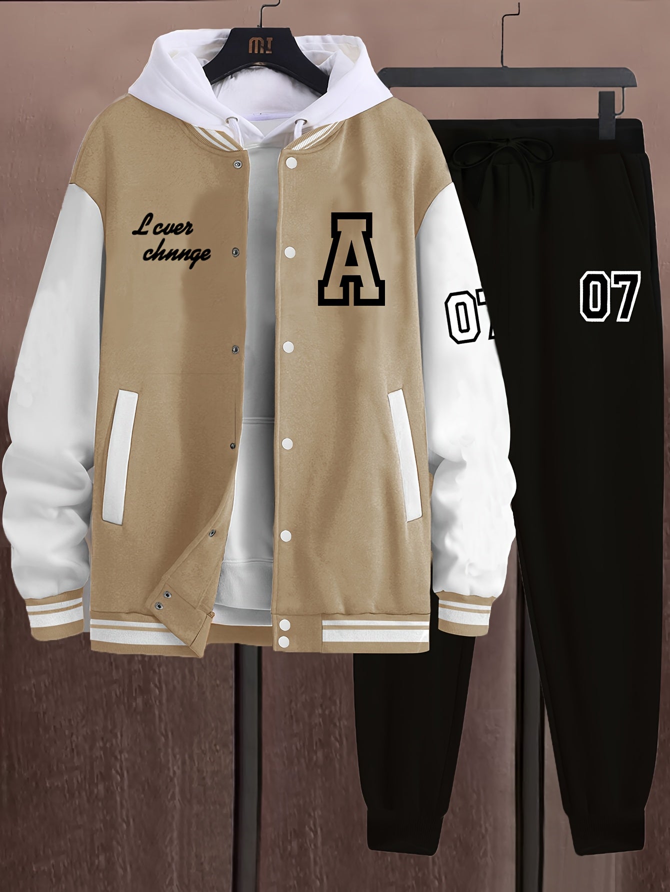 Men'S A07 Sporty Casual Baseball Outfit - Black & White "A" Print Jacket with Pockets, Matching Pants, Polyester Blend, Fall/Winter Wear, Casual Sportswear | Letter Print Jacket | Knit Construction, Baseball Attire