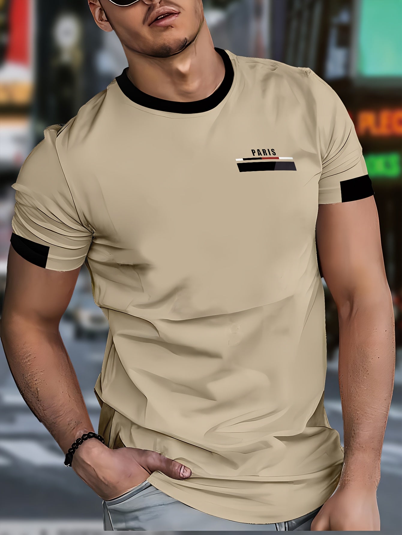 Men'S Paris Graphic T-Shirt - Green Polyester Crew Neck Tee with White Stripes & Print - Casual Sporty Knit Top for Casual Attire, Breathable Fabric
