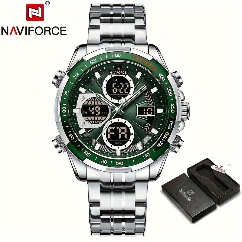 NAVIFORCE Men's Luxury Sports Quartz Watch - Waterproof, Genuine Leather Strap, Dual Display with Date & Chronograph Functions, Case, Green Accents, Luxury Timepiece|Tachymeter Equipped|Genuine Leather Band Valentine's Day