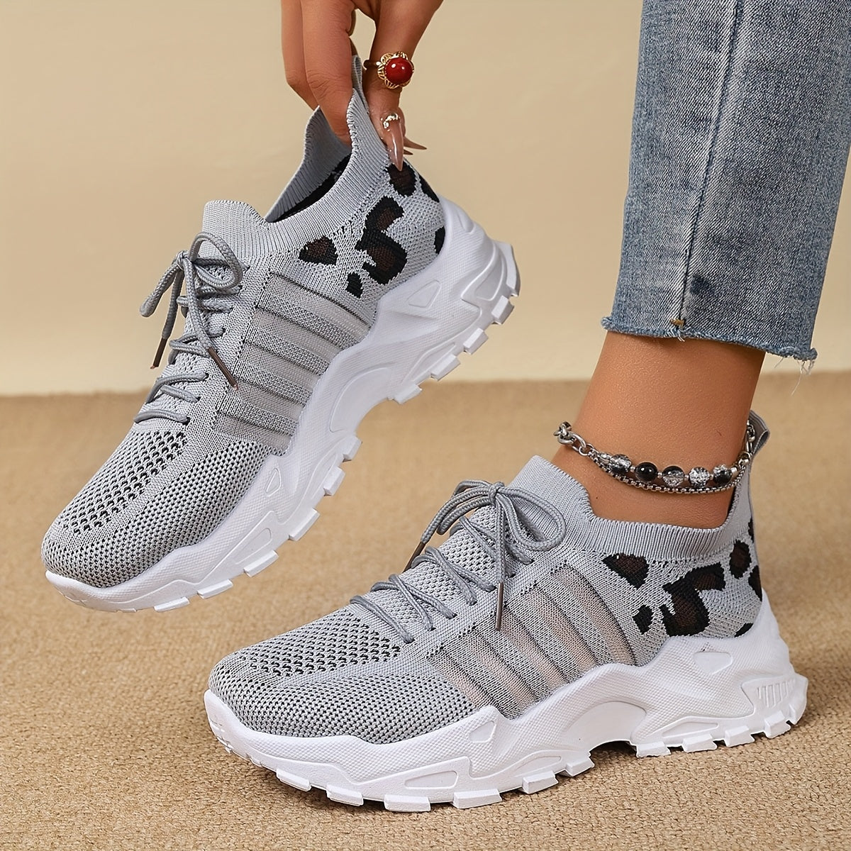 Women's Fashion Leopard Print Lace-Up Sneakers, Breathable Mesh Walking Shoes for Spring/Summer, Lightweight Comfortable Casual Sports Control Footwear with PVC Sole and Microfiber Insole