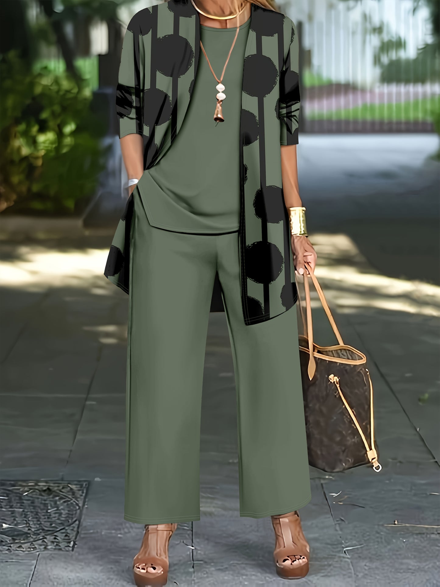 Women'S 3pcs Set, Polka Dot Print Cardigan & Solid Color Vest Casual Pants Daily Outfit