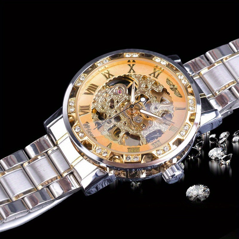 Fashion Classic Roma Watch Men Luxury Golden Skeleton Mechanical Hand Watches Casual Business Wristwatches Men Blue & Golden Accents, Casual Yet Versatile, Best Seller, Ideal Gift, Mechanical Movement, Watch Accessories, With