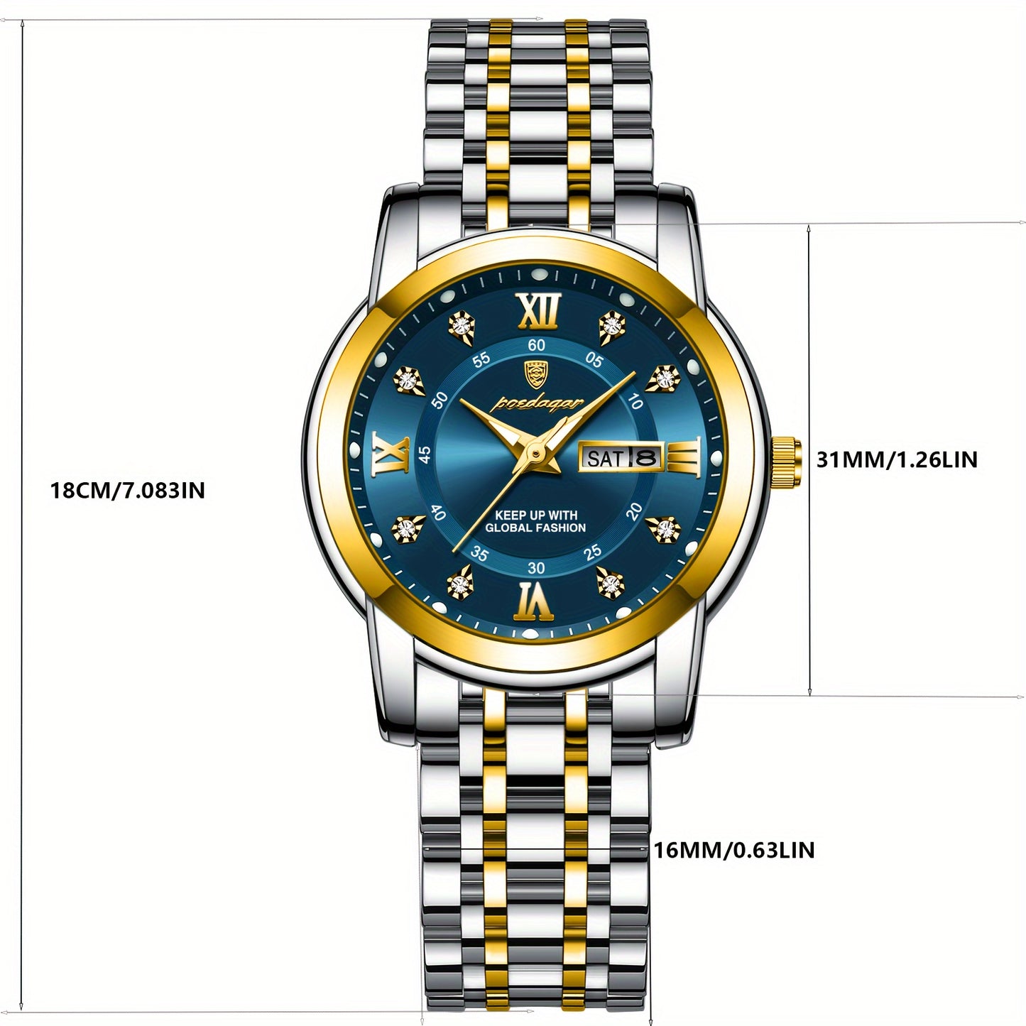 POEDAGAR Elegant Stainless Steel Quartz Watch for Women, Luminous Calendar, Round Alloy Case, Trendy Korean Style, Non-Rechargeable Battery, Watch Accessories