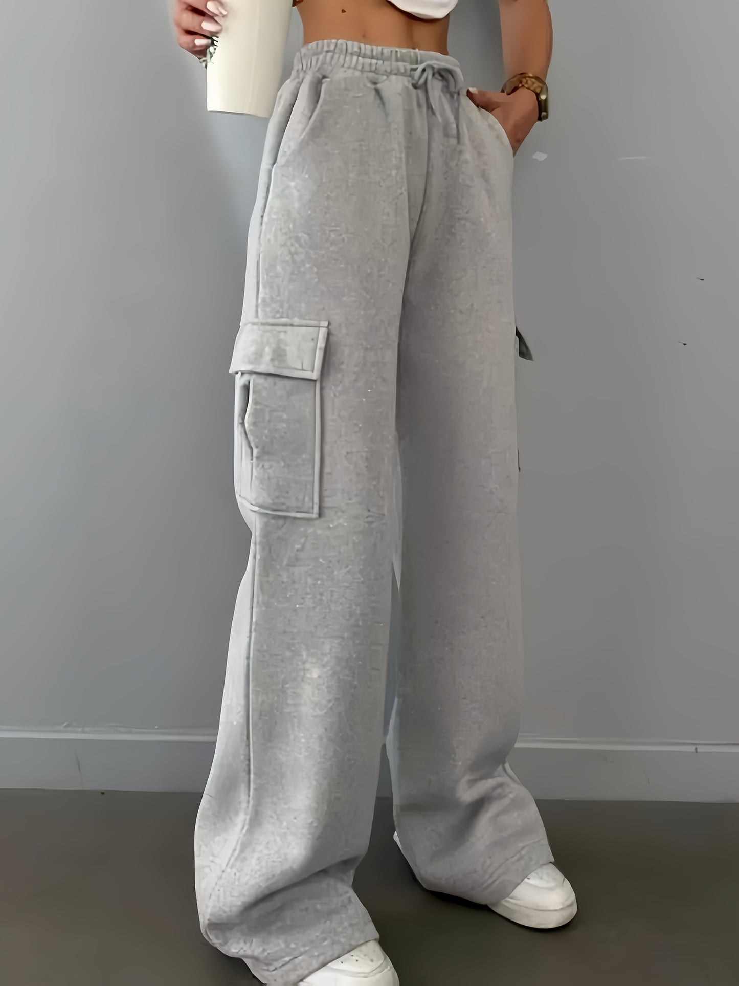 Women's Casual Jogger Pants with Elastic Waist & Side Zipper Pockets - Heather Grey Wide-Leg Lounge Pants, Fold-Over Cuffs, Machine Washable for Spring/Fall, Relaxed Fit Pants | Wideleg Joggers | Soft Fabric Pants