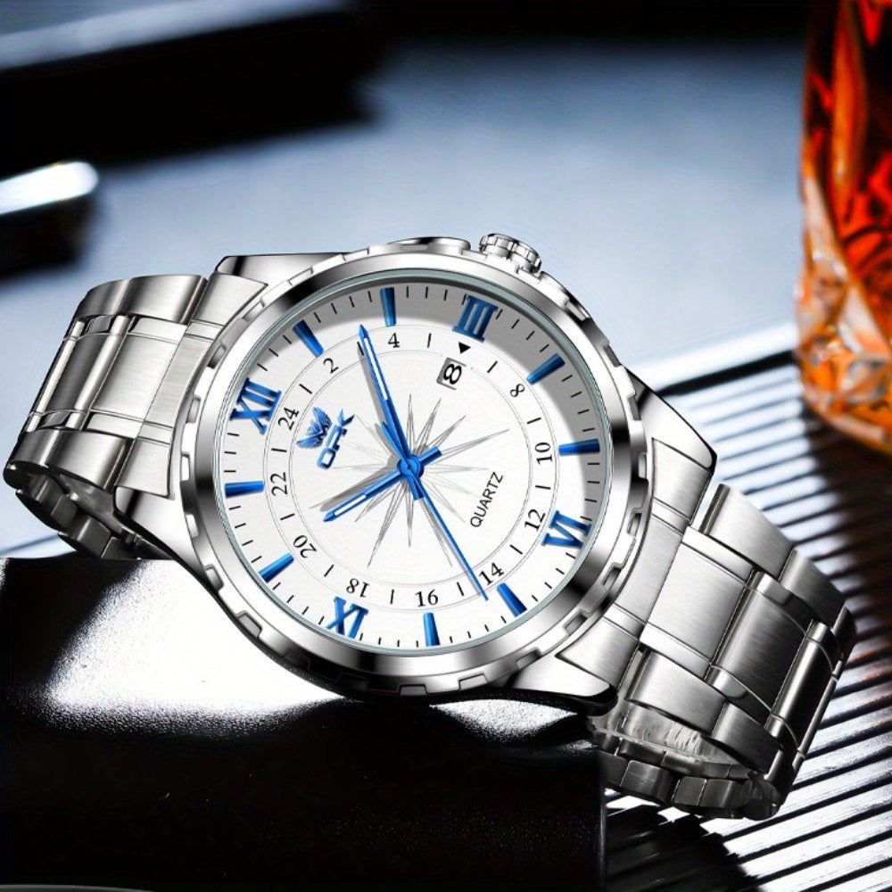 Elegant Luxury Men's Watch with Night Light, Roman Numerals & Date Display - Quartz Movement Stainless Steel Band for Business Casual & Formal Occasions