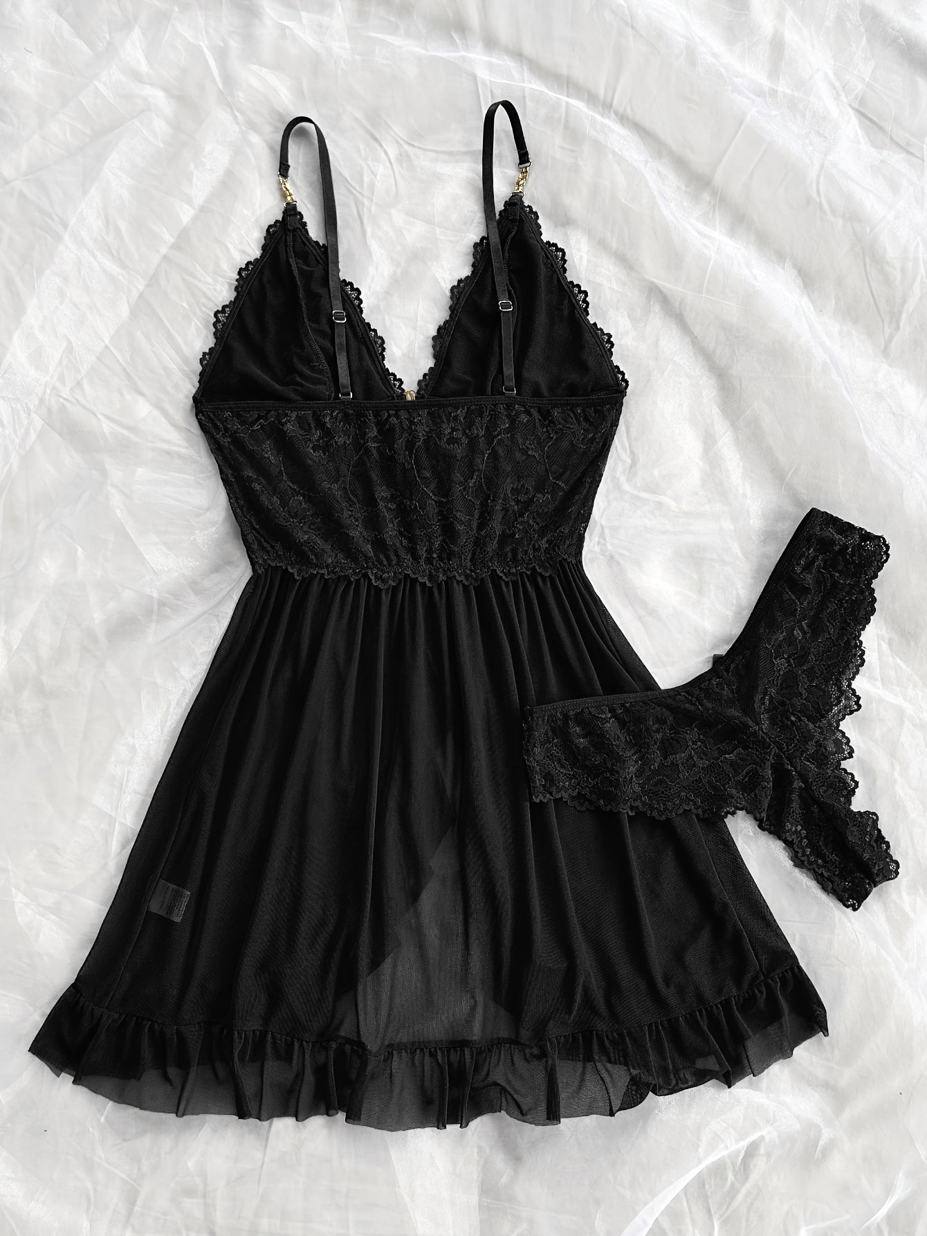 Sexy and Romantic Sleepwear Set, Solid Color Lace Camisole with Matching Panties, V-Neck Design Accentuating Elegant Neckline, Delicate Lace Pattern for Softness. Flared Hem and Ruffled Front Add Graceful Charm, Perfect for a