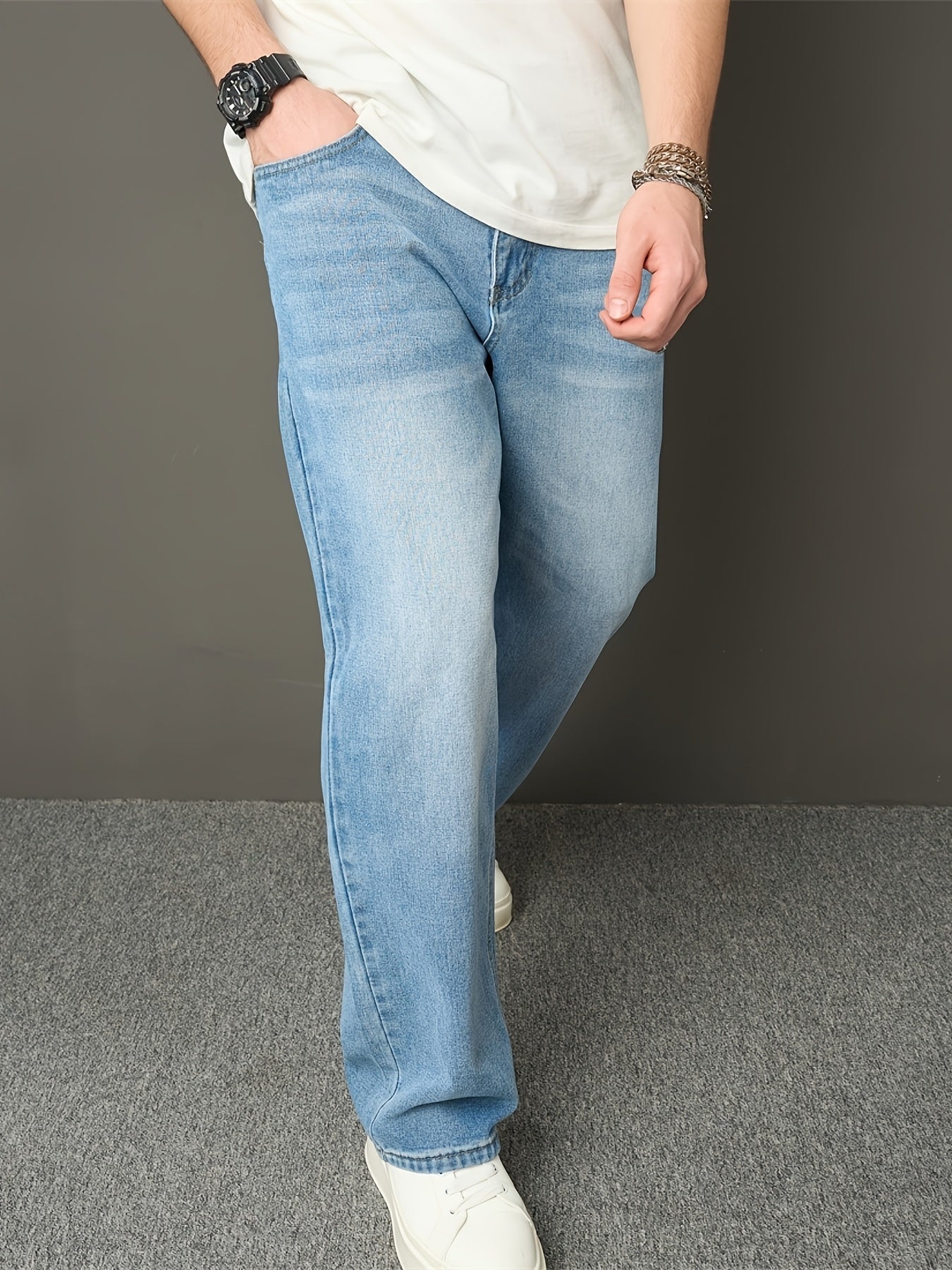 Men's High Street Fashion Solid Color Loose-Fit Denim Jeans, Casual Straight Leg Pants with Raw Wash Detail, Non-Stretch Fabric, All-Season Basic Style, Allseason Jeans | Classic Blue Jeans | Durable Jeans Construction