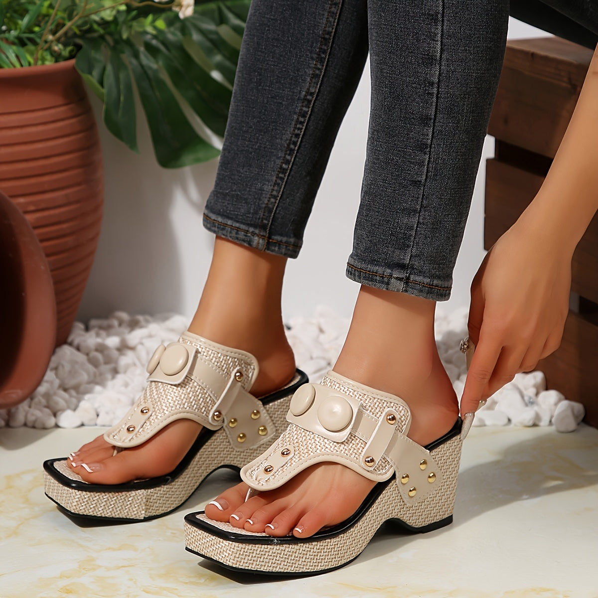Women's Thick Platform Wedge Sandals with Metallic Studs - Slip-On Square Toe Breathable Fabric Upper & Cushioned Rubber Sole for Casual Comfort, Comfortable Footwear, Chic Shoe Design, Durable Traction Footwear