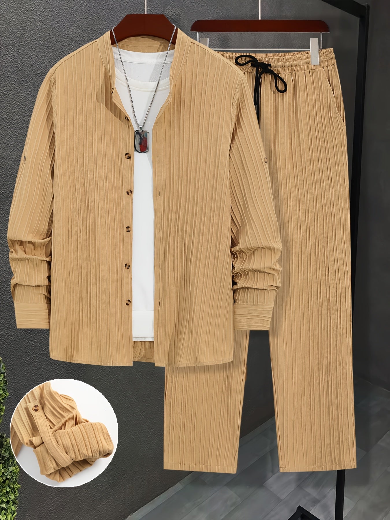 Men'S Two-Piece Set Featuring Textured Fabric, Versatile Long-Sleeve Shirt with Ear Loops, And Loose Drawstring Casual Pants.