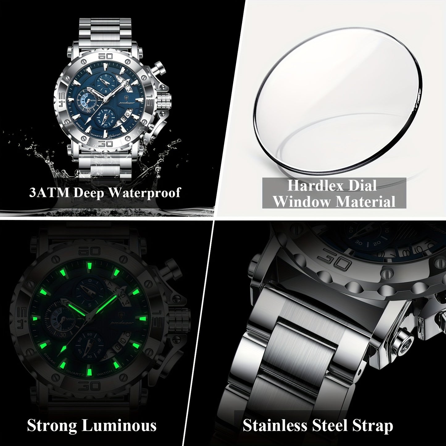 POEDAGAR Men'S Luxury Stainless Steel Business Watch with Date Display, 3ATM Blue Dial, Rotating Bezel, Alloy Case, Quartz Movement - Elegant Formal Accessory, Formal Accessory|Luxurious Watch|Quartz Movement Watch