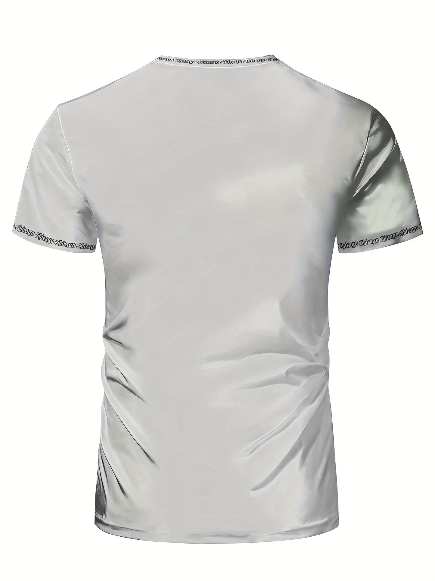 Men'S Chicago Print T-Shirt, Polyester-Spandex Blend, Crew Neck, Short Sleeve, Geometric Pattern, High Stretch, Tear Resistant, Sports & Casual Style, Summer Fit Top for Training, Yoga, Hiking & Festive Occasions