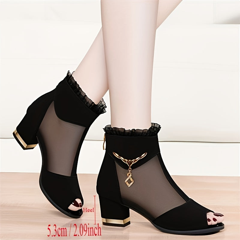Elegant Black High-Heel Sandals with Mesh Upper - Comfortable Block Heel, Open Toe Design, Stylish Zipper Closure, Perfect for Summer Formal Wear, Formal Footwear|Elegant High Heel|Zipper Closure Sandals