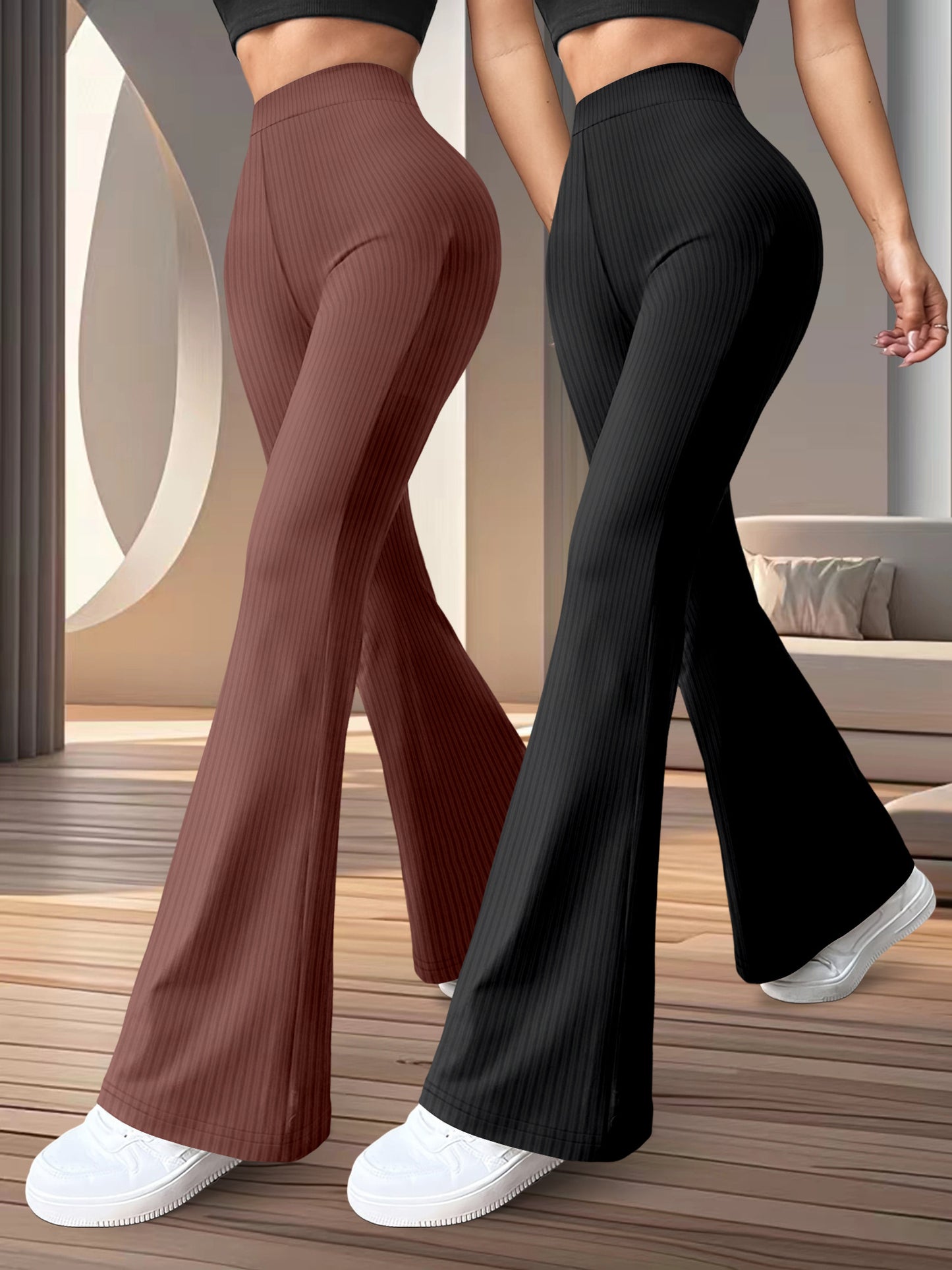 2-Pack Women'S High Waist Flare Leg Pants, Casual Stretchy Yoga Sports Trousers, 96% Polyester 4% Spandex, All-Season Knit Fabric, Solid Color Long Length Pants for Women
