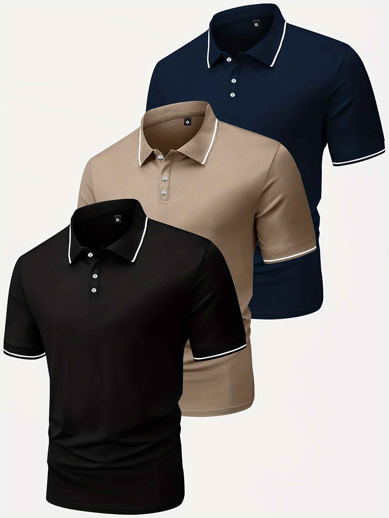 3pcs Men's Casual Fashion Shirts - Breathable Polyester, Short Sleeve, Button-Up with Classic Collar - Machine Washable, Summer Essentials in Black, White, and Beige