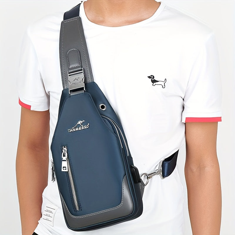 TMOOS Anti-Theft Crossbody Bag for Men - Secure Zipper Closure, Adjustable Strap, Compact Chest Pack - USB Charging Port, Front Zipper Pocket - Anti-Theft Backpack for Travel, Commute, Everyday Use - Navy Blue