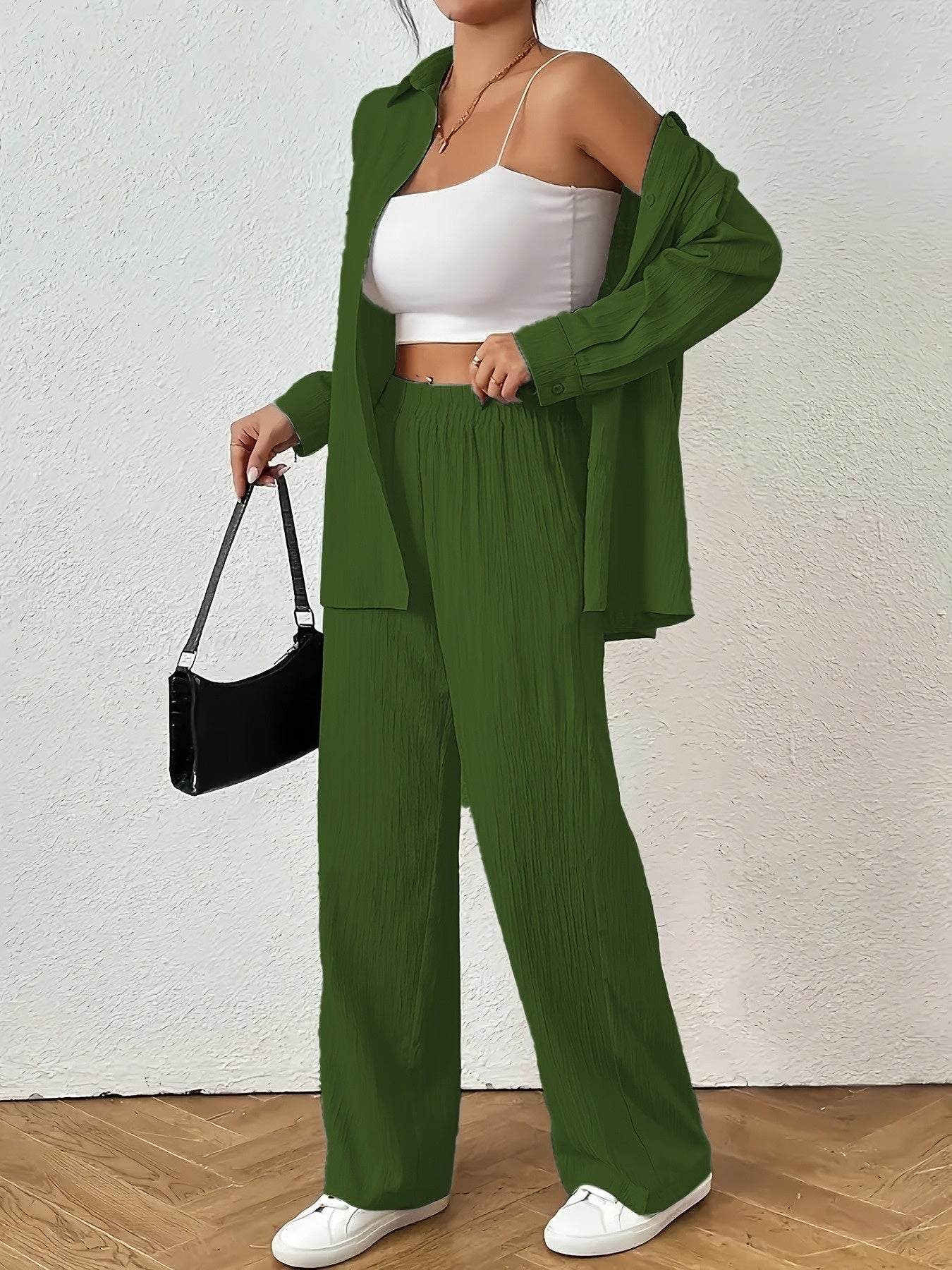 Women'S Casual Solid Color Long Sleeve Shirt + Long Pants 2pcs Set for Spring And Autumn.
