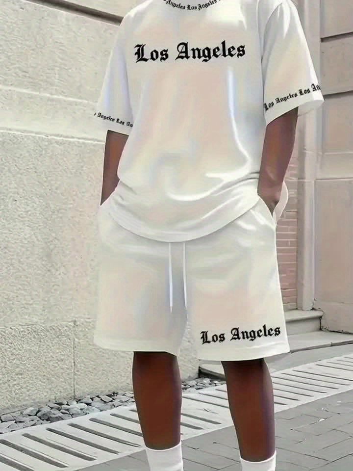 Men'S Los Angeles Graphic Print Casual Sportswear Set - Breathable Summer Short Sleeve T-Shirt & Drawstring Shorts with Pockets, Regular Fit, Crew Neck, Comfortable & Stylish for Casual Attire, Leisure Clothing | Trendy Sport