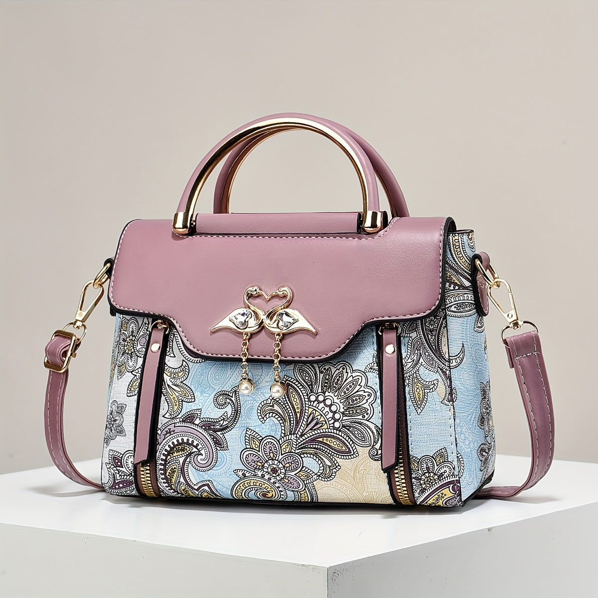 Elegant Floral Embroidered Handbag for Women - Adjustable Strap, Zipper Closure, Polyester Lining, Black & White Floral Pattern, Perfect Gift for Mom Or Family, Small Crossbody Purse, Stylish Accessory, Durable Construction