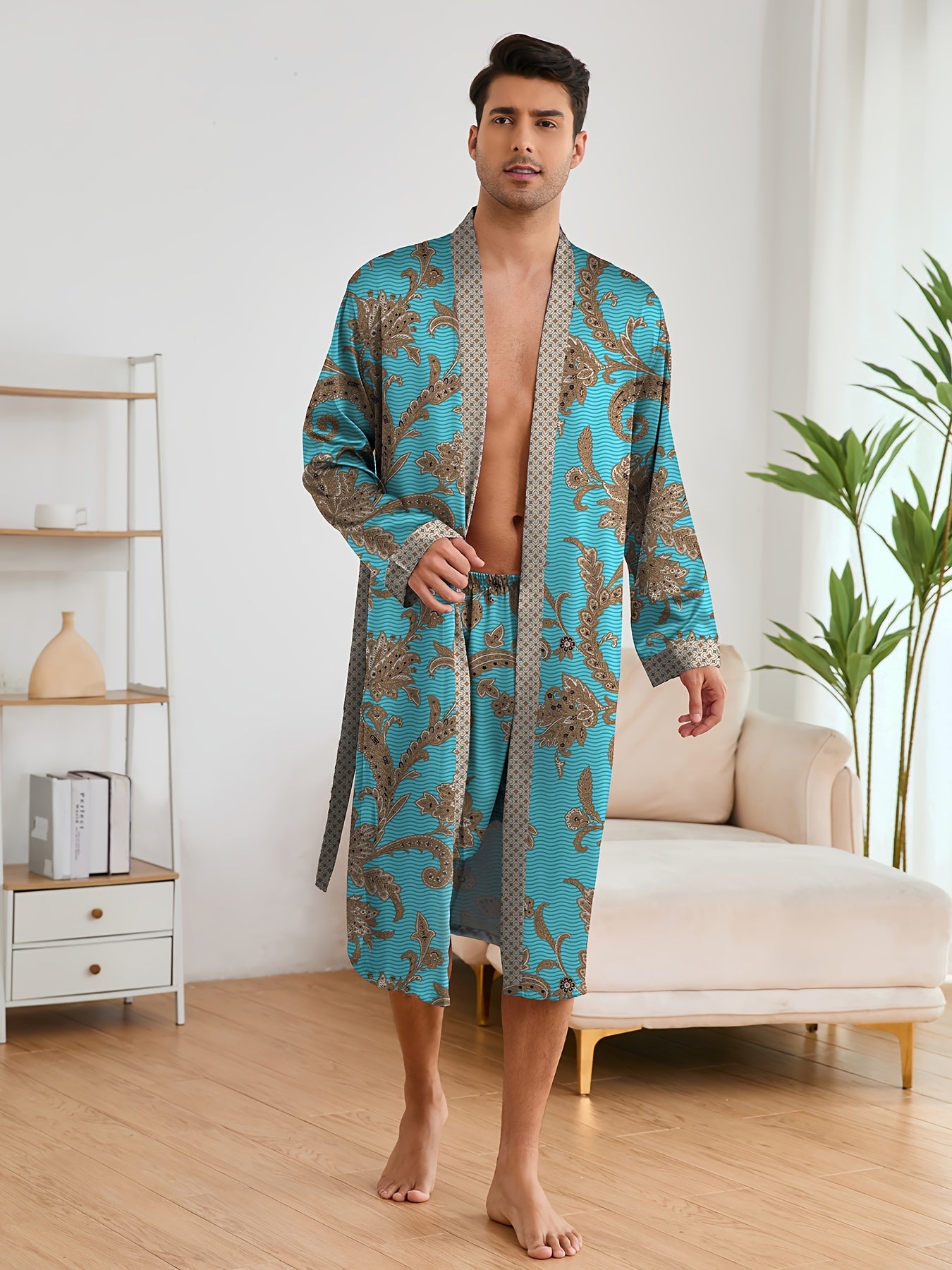 Men's Sleep Robe, Elegant And Light Luxury Pajamas Set, Stylish Gorgeous Floral Print, V-neck Long Sleeve Sleep Robe And Shorts, Sleep Wear Robe Set For Home Wear