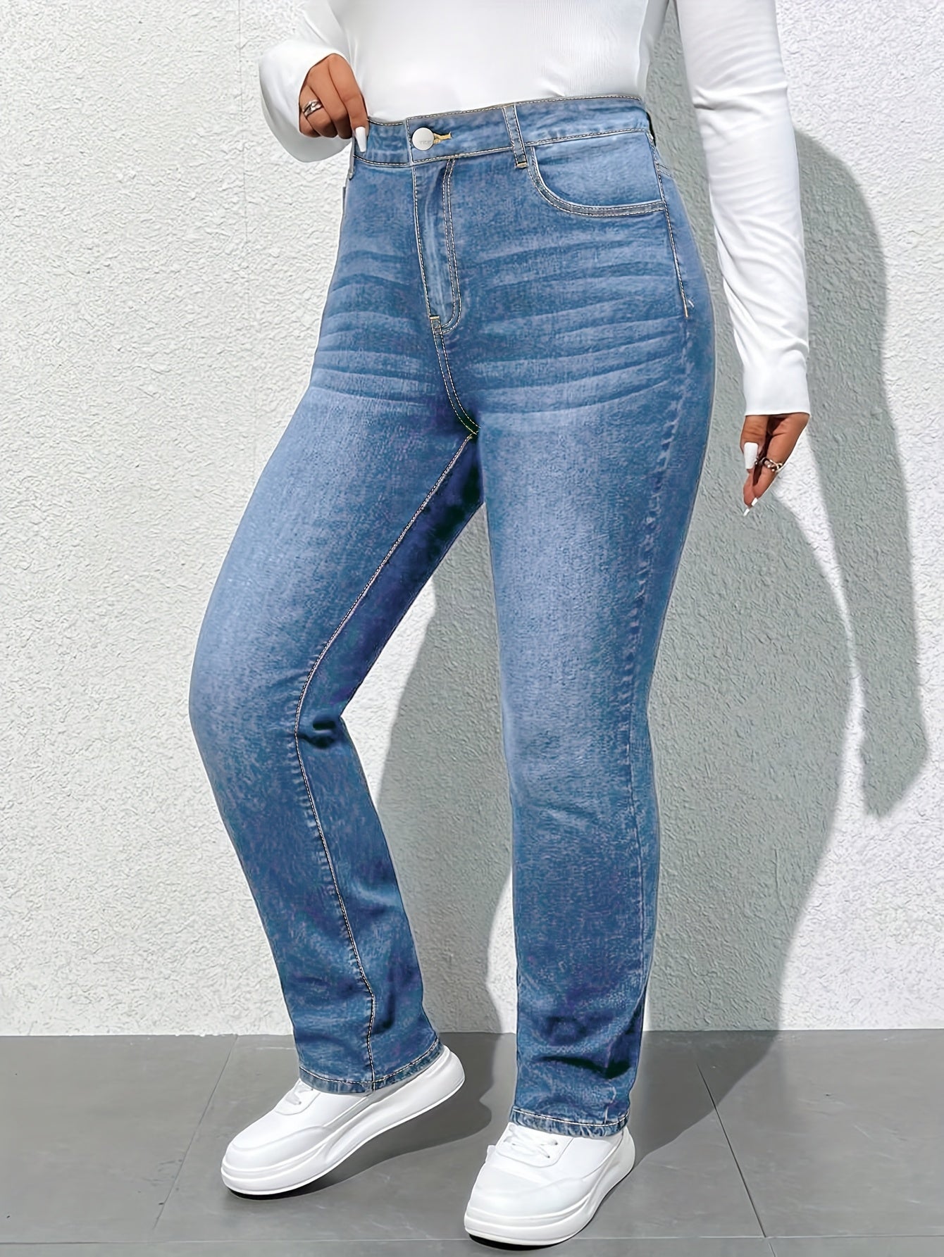Women'S High-Waisted Straight Leg Jeans, 68.5% 25.7% Polyester 4.3% Viscose 1.5% Elastane, Casual Skinny Fit Denim Pants with Zipper Fly, All-Season Solid Color, 300g/m² Fabric Weight, Long Length - No Belt Required