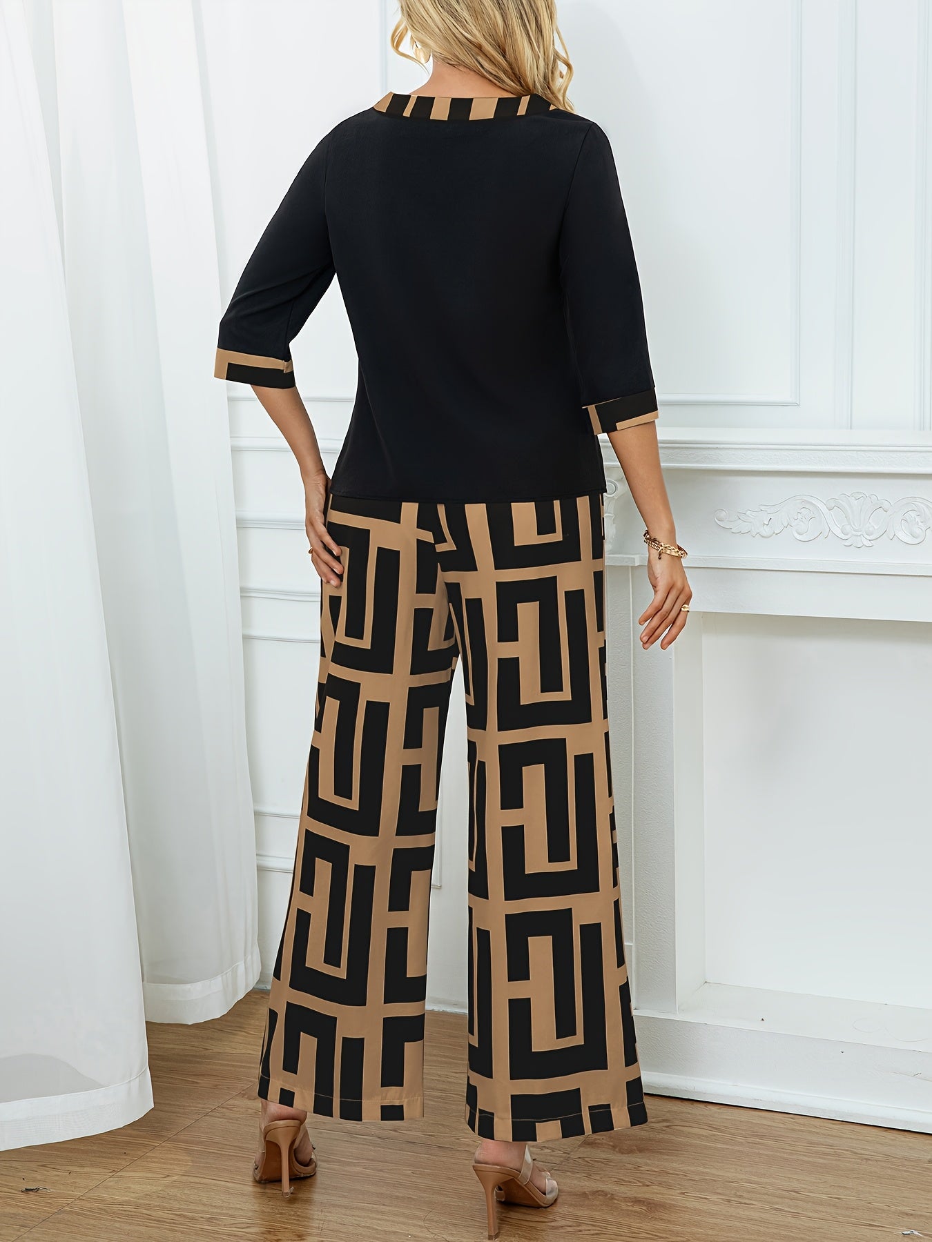 Women's Elegant Spliced Round Neck Top + Geometric Print Wide-Leg Pants Two-Piece Set