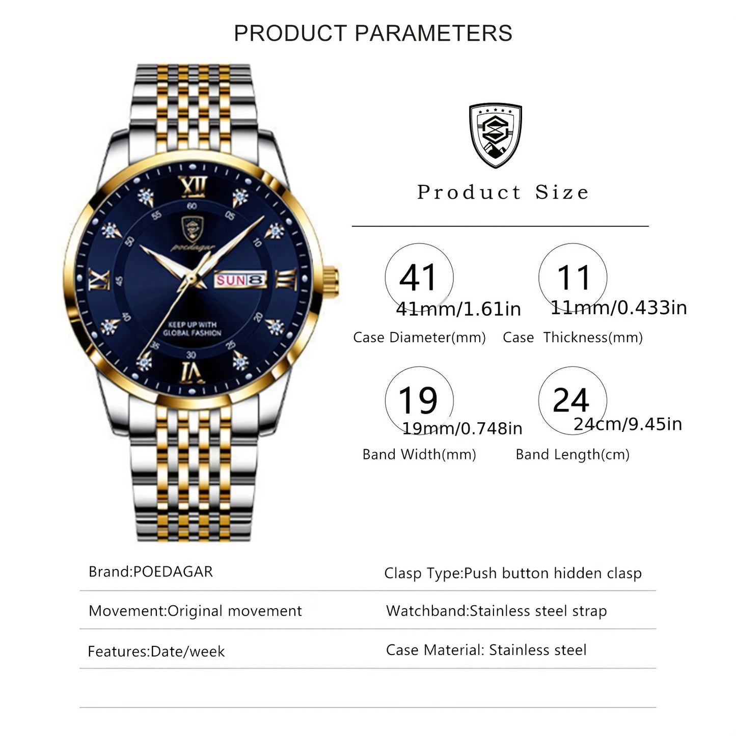 POEDAGAR Classic Men'S Stainless Steel Quartz Watch, IPX8 Luminous Weekly Calendar Watch for Men, Perfect Gift Option, Suitable for Women