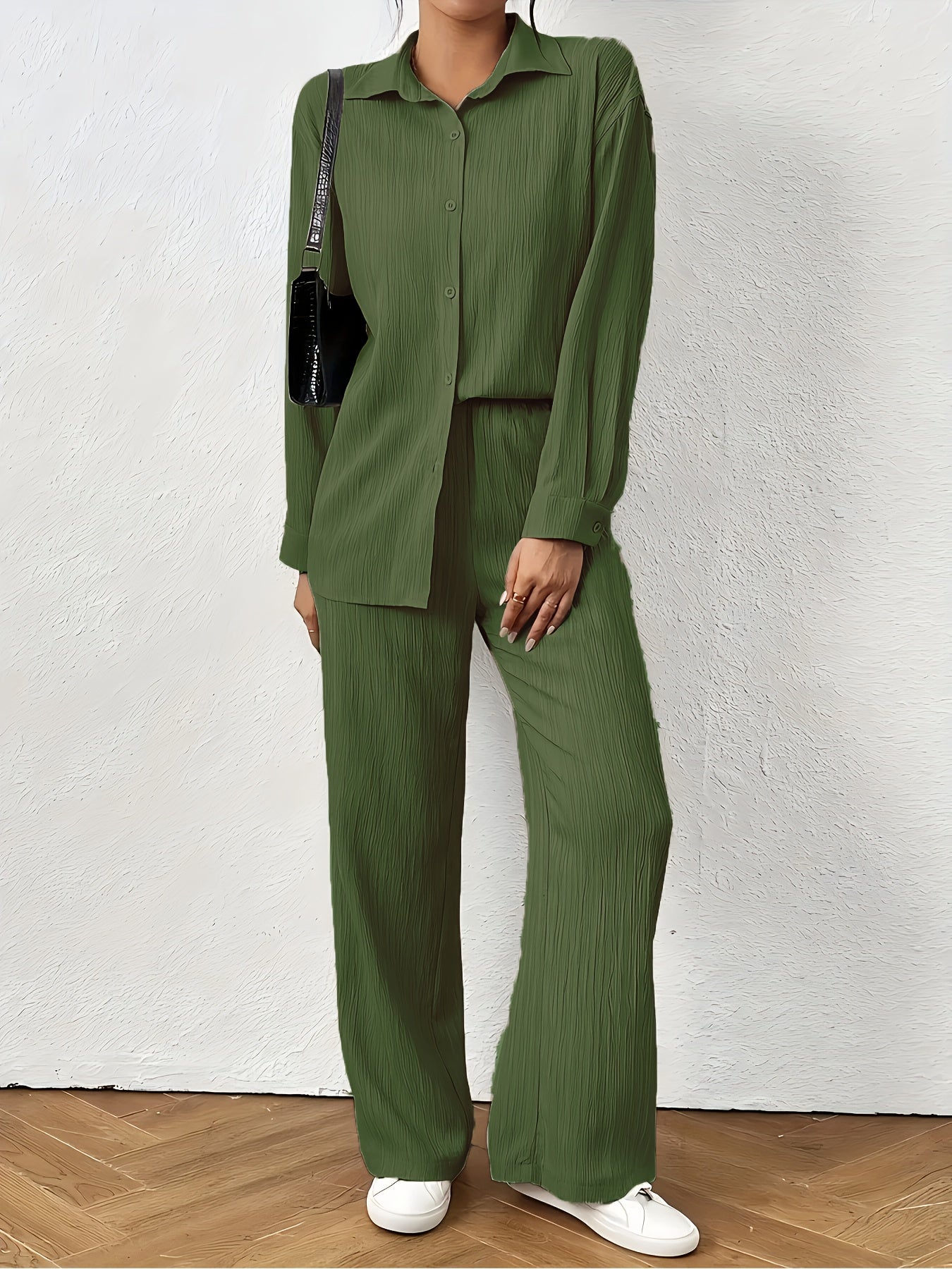 Women'S Casual Solid Color Long Sleeve Shirt + Long Pants 2pcs Set for Spring And Autumn.