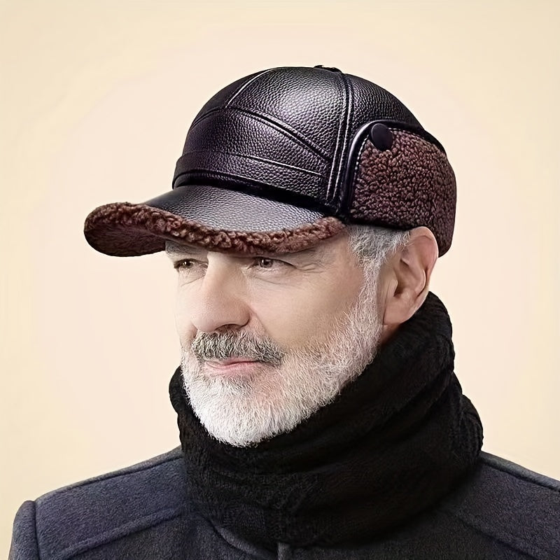 Street Style Men's Winter Cap with Ear Warmers, Faux Leather Earflap Hat for Elderly, Warm Duckbill Cap for Cold Weather