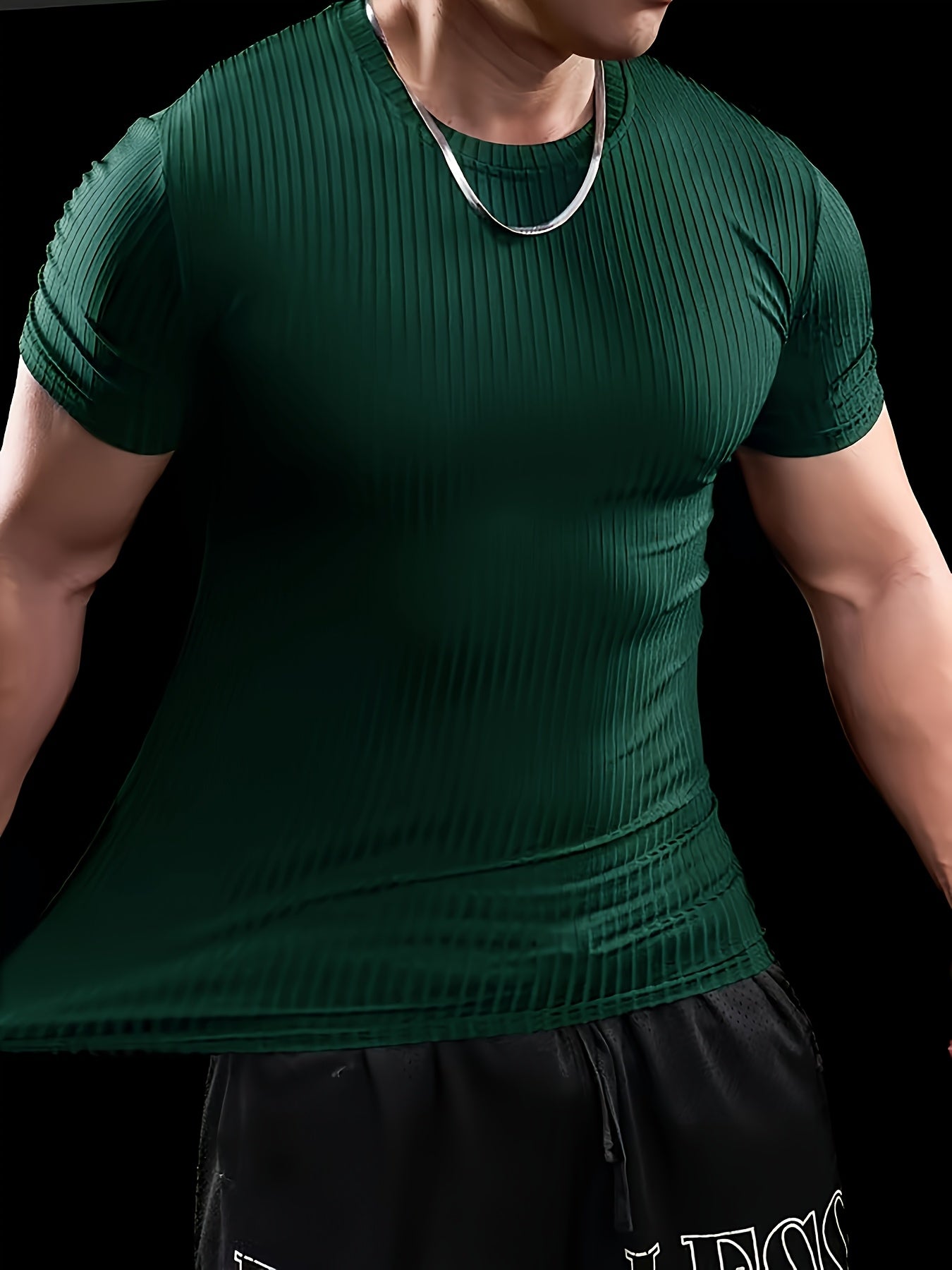 Men's Slim Fit Ribbed Short Sleeve T-Shirt - Stretchy Athletic & Casual Wear, Green, Round Neck, Machine Washable, Muscle-Enhancing Design, Gym Shirts
