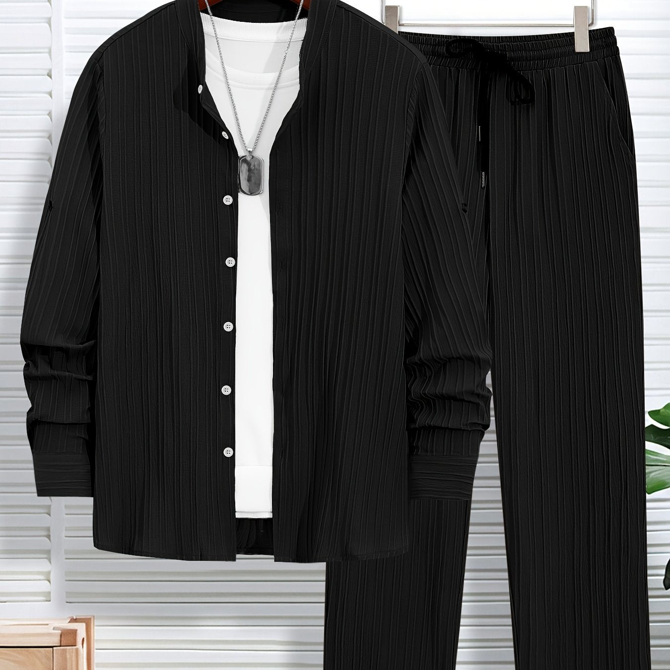 Men'S Two-Piece Set Featuring Textured Fabric, Versatile Long-Sleeve Shirt with Ear Loops, And Loose Drawstring Casual Pants.