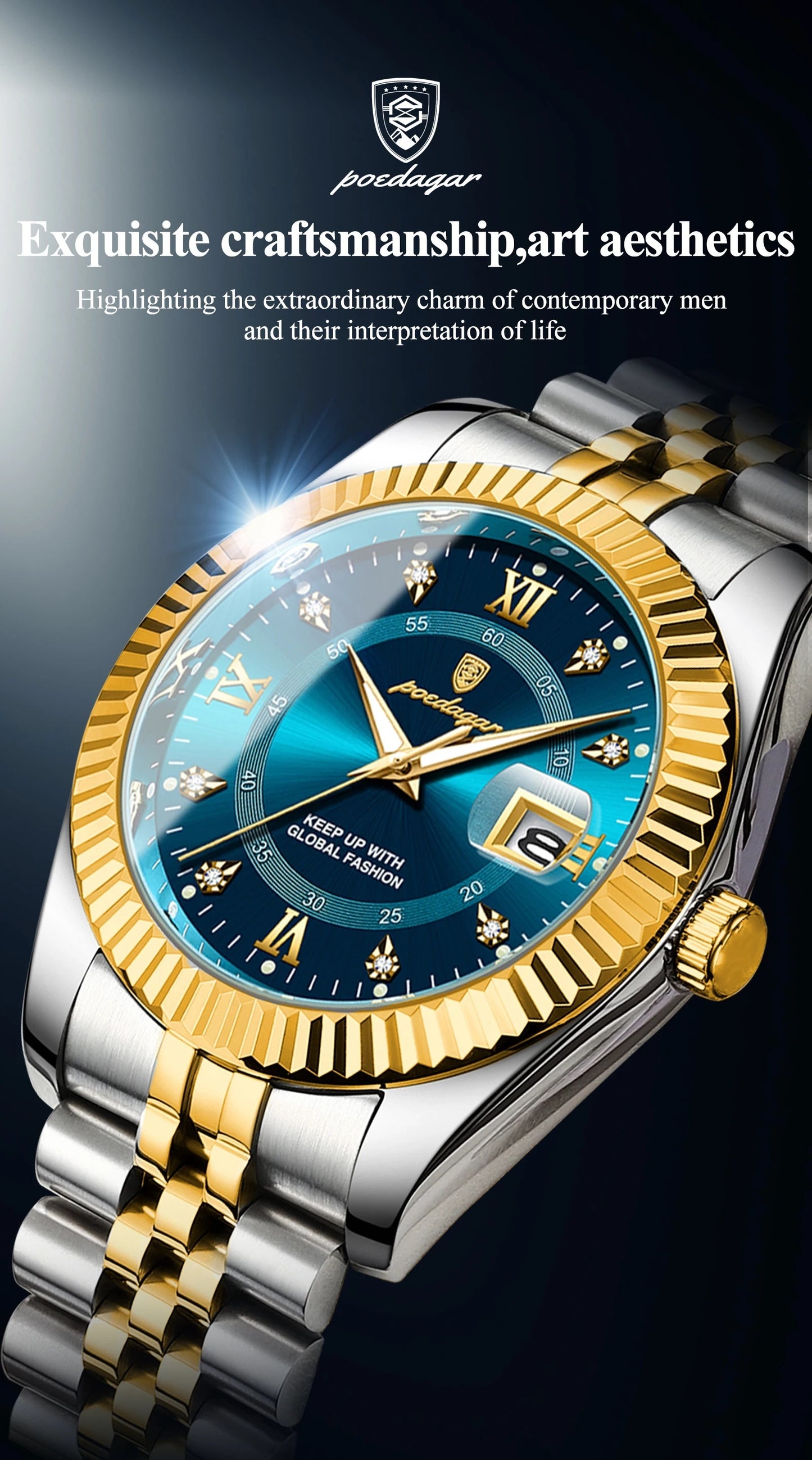 POEDAGAR Luxury Men'S Quartz Watch - Waterproof, Luminous, Stainless Steel Band, Blue & Golden Accents, Date & Week Display, Casual Elegant Timepiece with Backpack Clasp