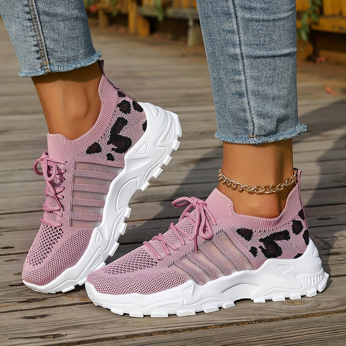 Women's Fashion Leopard Print Lace-Up Sneakers, Breathable Mesh Walking Shoes for Spring/Summer, Lightweight Comfortable Casual Sports Control Footwear with PVC Sole and Microfiber Insole