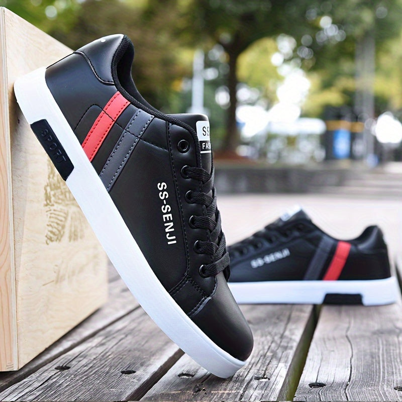 Men'S Fashion Sneakers, White PU Low Top Lace-up Casual Walking Shoes, Solid Striped Design, Breathable Non-Slip, All-Season, Round Toe, Fabric Inner, PVC Sole, Cloth Insole - Preppy Vintage Style