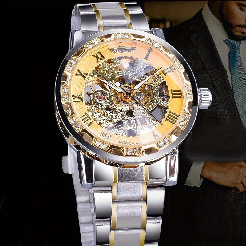 Fashion Classic Roma Watch Men Luxury Golden Skeleton Mechanical Hand Watches Casual Business Wristwatches Men Blue & Golden Accents, Casual Yet Versatile, Best Seller, Ideal Gift, Mechanical Movement, Watch Accessories, With