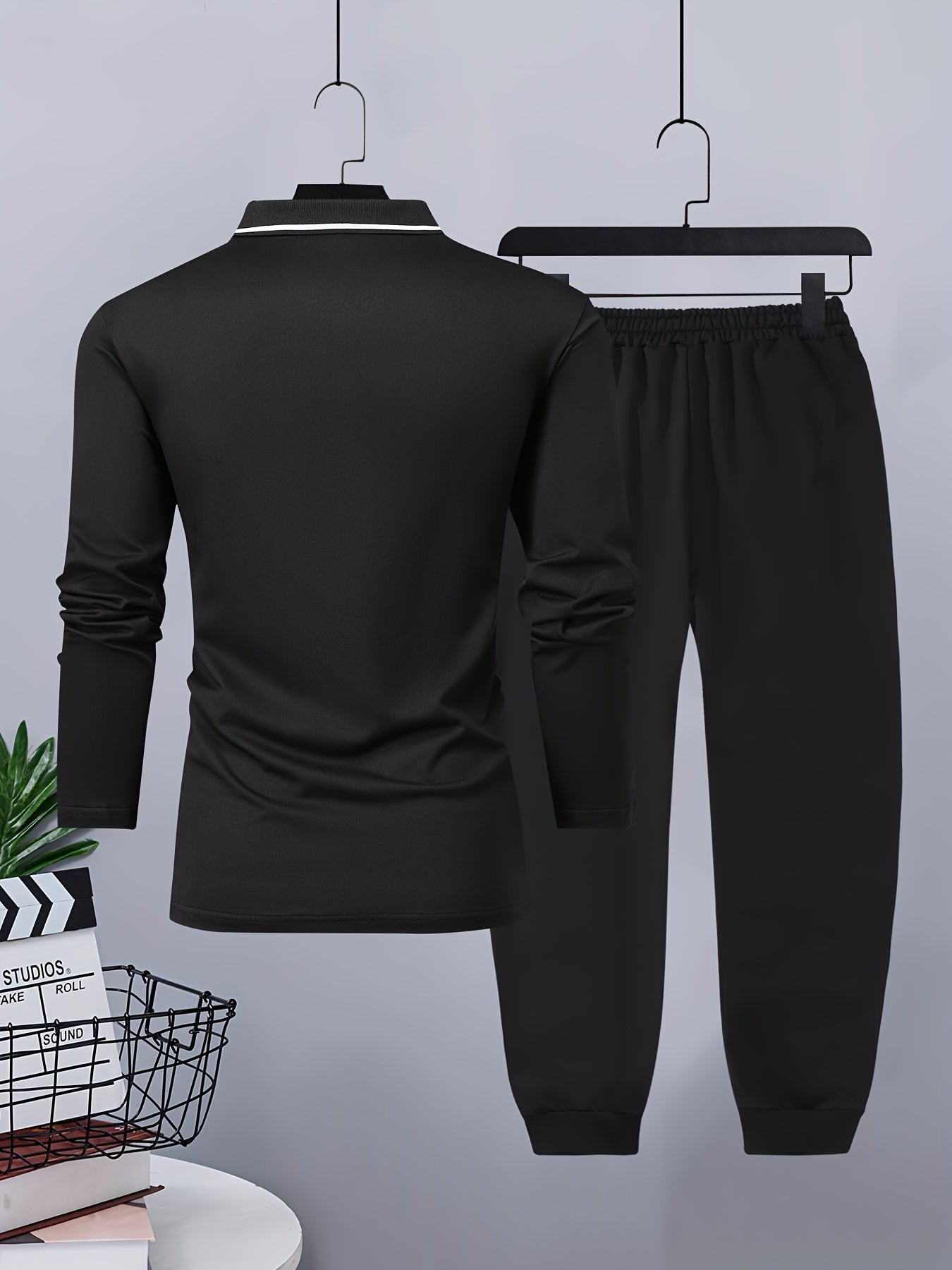 Men's Casual Color-Block Long Sleeve Button-Up Shirt & Drawstring Joggers Set - Polyester Blend, Pockets Included, Perfect for Spring/Fall
