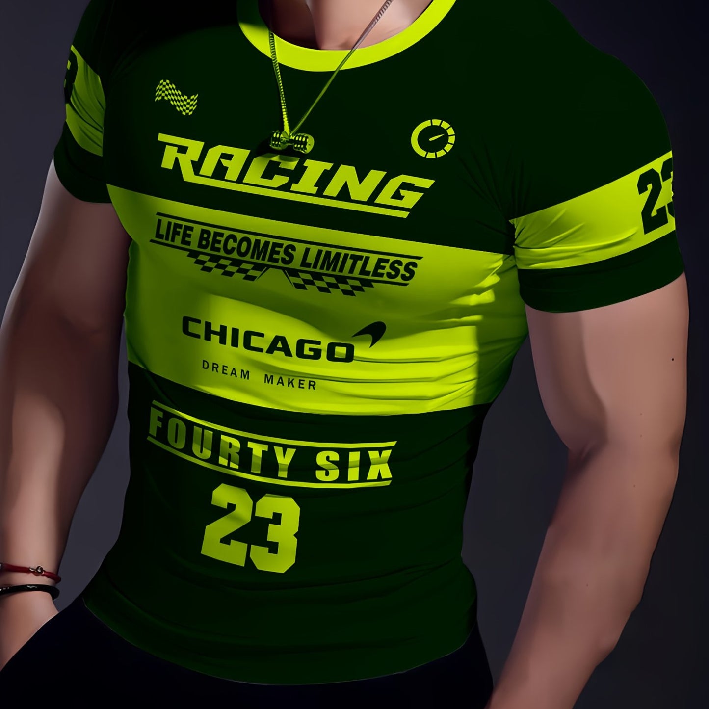 Men'S Racing Graphic T-Shirt - Bold Neon Green & Black Racing Car Design, Lightweight Breathable Fabric for Motorsport Events, Casual Streetwear - Chicago Dream Maker Inspired Casual Attire, Racing Jersey, Event Apparel, Spor