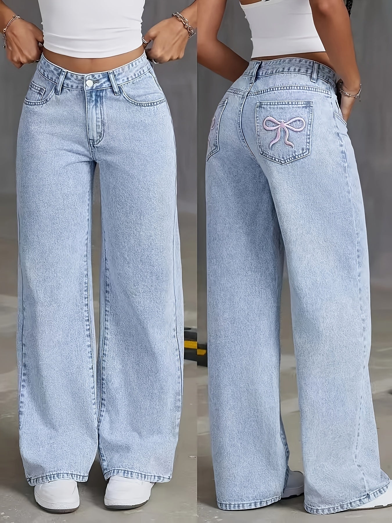 Women's High-Rise Light Wash Blue Denim Wide-Leg Pants with Butterfly Details - Street Style, Non-Stretch Fabric, Machine Washable