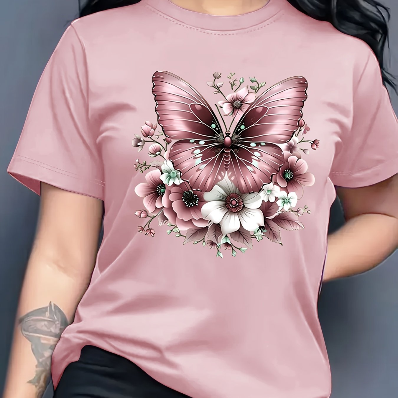 Women'S Floral Butterfly Print T-Shirt, Short Sleeve Crew Neck Casual Top for Spring & Summer, Vibrant Green with White & Blue Flowers, Perfect Birthday or Holiday Gift, Everyday Fashion | Vibrant Casual Top | Glossy Texture