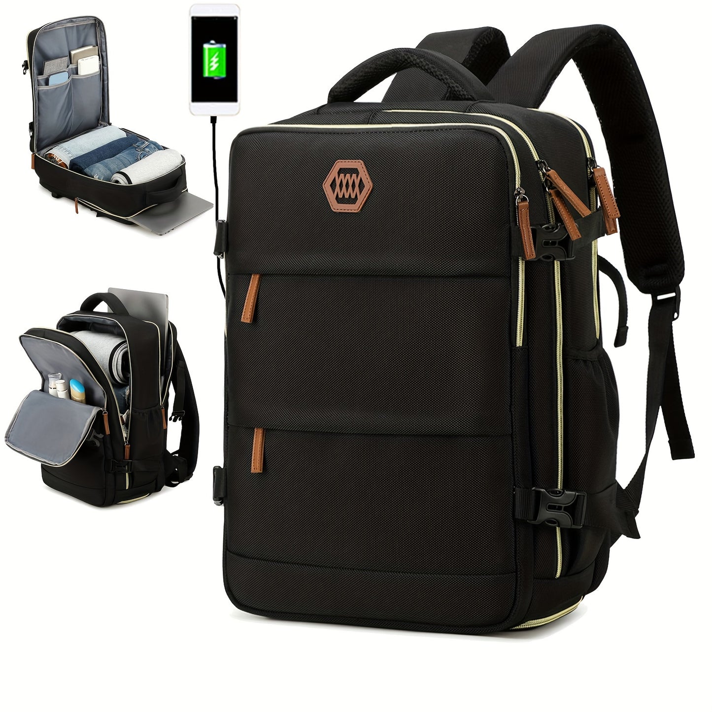 Large Capacity Women'S Travel Backpack with Shoe Compartment, Flight Approved Carry-On, Business Laptop Bag, Polyester Lined, Adjustable Strap, Zipper Closure, Solid White, USB Powered